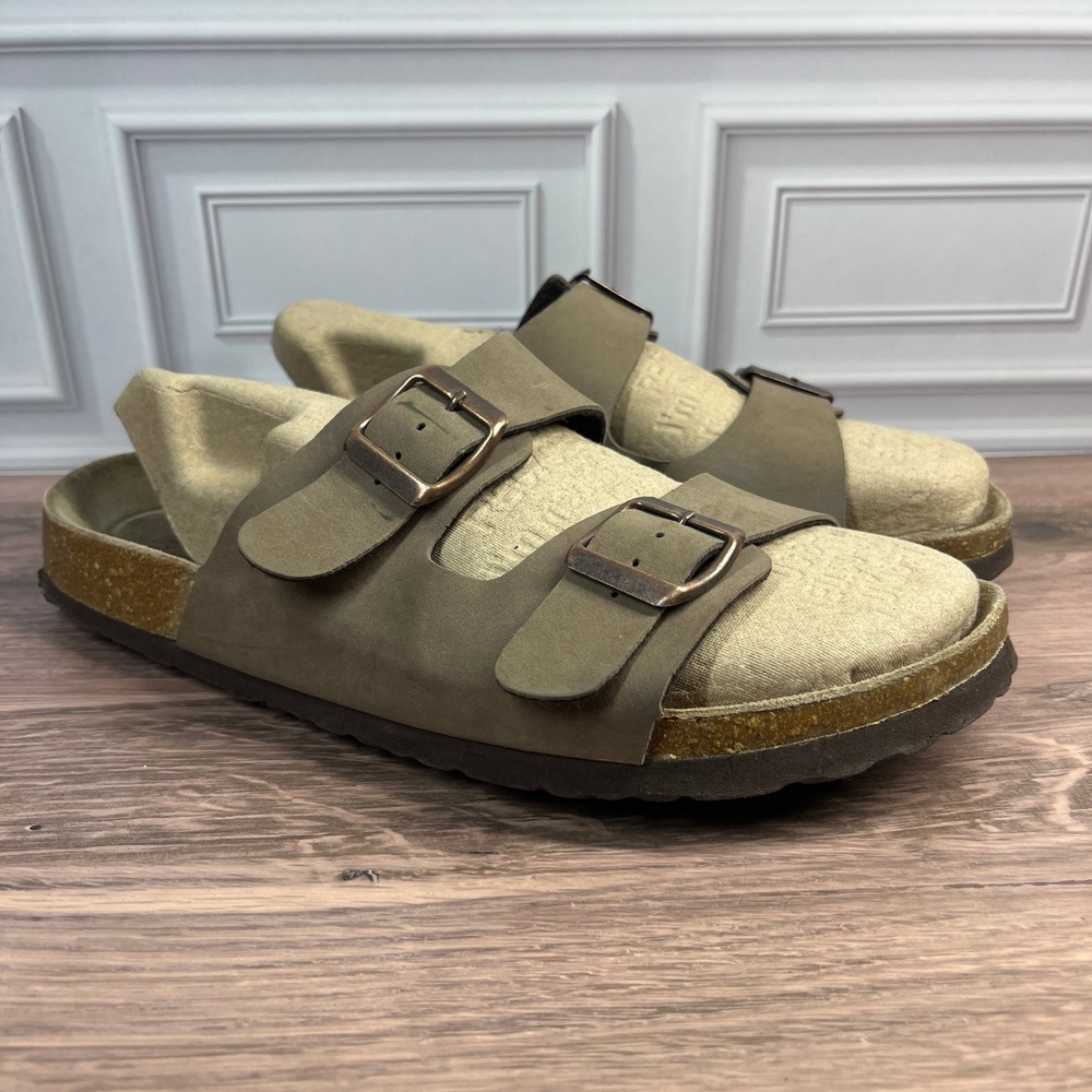 SNJ Shoes Slide Sandals Womens Taupe‎ Double Buckle Cork Footbed Leather 11M